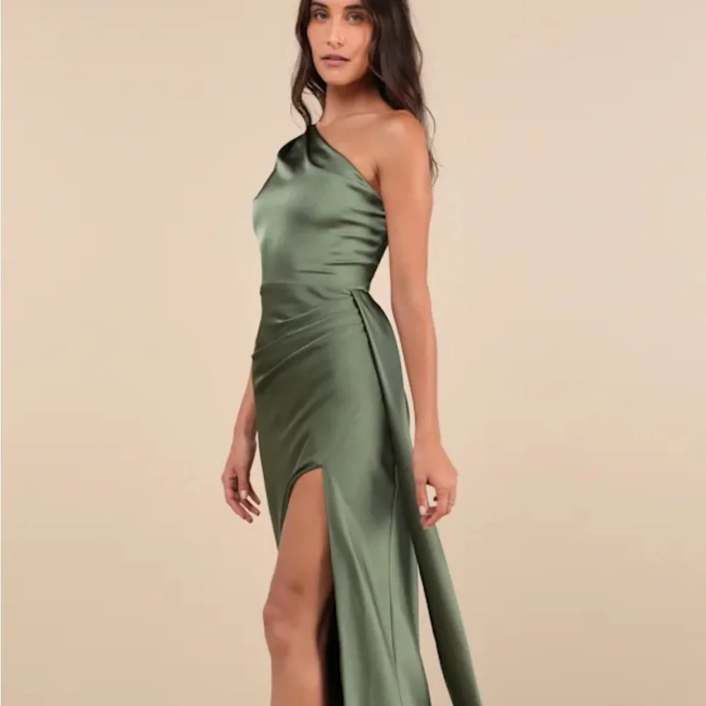 Signature Elegance Olive Green Satin One-Shoulder Maxi Dress - Picture 3 of 4
